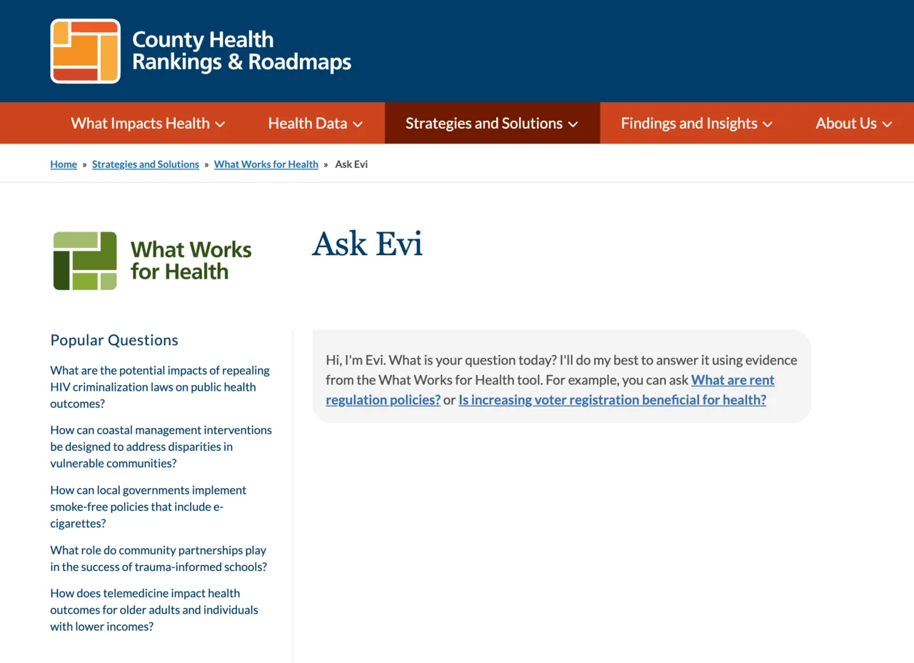 Evi, the What Works for Health answer engine, on the County Health Rankings & Roadmaps site